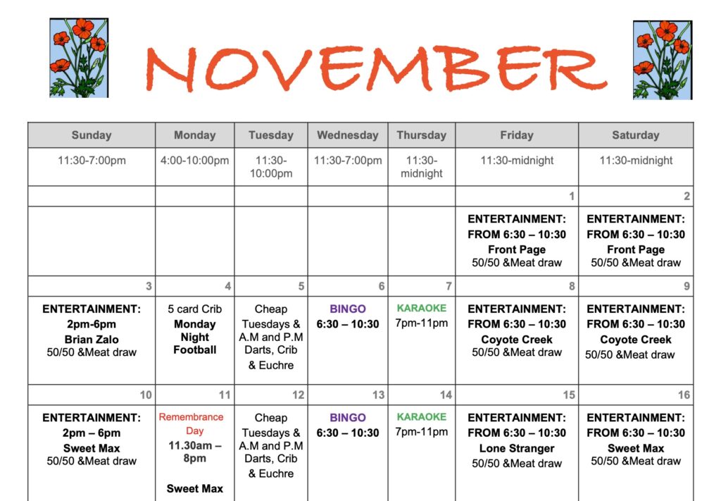 November Calendar - Maple Ridge Royal Canadian Legion